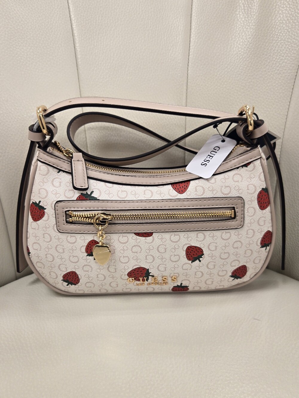 GUESS Cream Shoulder Bag with Red Strawberry Print